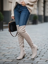 お買い得  ファッションブーツ-ラインストーンブロックヒール、ジッパー開閉、冬や夜のお出かけにぴったりのスタイリッシュでエレガントなレディースニーハイスエードブーツ。