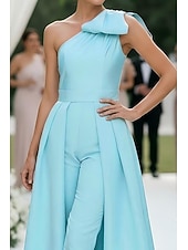 billige Mammas jumpsuits-Jumpsuit / Pantsuit Gulvlengde Overskjørtkjole Kjole til brudens mor Ermeløs Enskuldret Elegant Minimalistisk Formell Bryllupsgjest Sateng med Sløyfe(r)