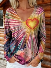 preiswerte Kunst &amp; Design T-Shirt-Neujahr Damen T Shirt Druck Ombre Grafik Vintage Mode Stilvoll Langarm V Ausschnitt Normale Oberteile Täglich Gelb Rosa Rote Orange Gold Sommer Frühling Herbst