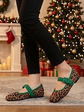 voordelige Platte damesschoenen-Mary Jane-flats met luipaardprint voor dames met fluwelen gespband – vintage stijl, perfect voor Kerstmis, feestdagen en dagelijks gebruik