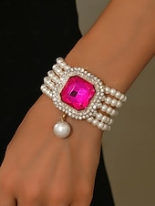 זול יום האהבה-צמיד חרוזים פנינים לנשים עם קריסטל גדול - תכשיט יד אלגנטי משובץ אבני חן למסיבה, ערב ואירועי קוקטייל