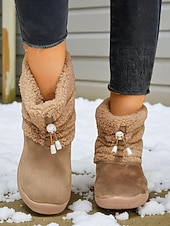 halpa Lumi- ja talvisaappaat-Naisten khakinväriset, leveälestiset, fleecevuorilla varustetut talvisaappaat – lämpimät nilkkurit kiristysnyörillä lumeen, kävelyyn, ulkoiluun ja jokapäiväiseen käyttöön.