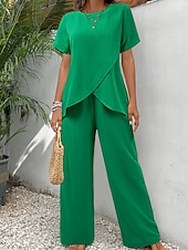 Недорогие Женские блузки-костюмы-Жен. Футболка Комплекты брюк Болеро Топ С короткими рукавами Вырез под горло Круглый вырез Сплошной цвет Мода Уличный стиль Повседневные на открытом воздухе Отпуск Красный Темно синий Зеленый Лето