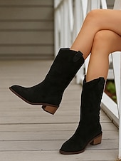 tanie Kowboj i zachodnie buty-jasnobrązowe kowbojskie buty damskie w stylu western – buty kowbojskie do połowy łydki na grubym, klockowym obcasie, idealne na festiwale muzyki country, rodeo i modę jesienną