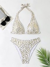 tanie Zestawy bikini-Kostium kąpielowy bikini damski 2-częściowy z leopardem seksowny slim bez pleców wakacyjny strój plażowy dekolt halter bez rękawów