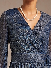  Mulheres Tops elegantes Pregueado Metálico Elegante Manga lanterna Decote V Tops regulares Convidado do casamento Traje de festa para noite Roupa de Trabalho Azul Marinha Primavera / Outono / Inverno