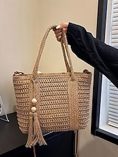 baratos Malas com Alça-bolsa tote feminina de tecido boêmio com borlas e contas de madeira - vem com uma alça de ombro ajustável, pode ser usada em um ombro ou transversal, adequada para uso casual na praia, férias e ao ar livre