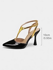 levne Slingback lodičky-Dámské černo-zlaté lakované kožené lodičky na vysokém podpatku - sexy špičaté boty s páskem do T do nočního klubu, na koktejlové a večerní akce