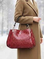 billiga Hand- och toteväskor-Damhandväska i konstläder med krokodilprägling, julklar, finns i rött, blått och svart – snygg vinteraxelväska med justerbar rem och gulddetaljer