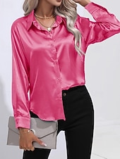 abordables Blouses Unies-Femmes Chemise Elegant Haut en satin Chemisier Boutons Uni Élégant ancien manche longue Col de chemise Hauts Réguliers Fête Sortir Jaune Rouge Bleu Roi Rose Gris Été Printemps