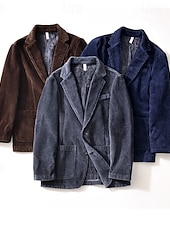 billige Blazer-Herre Kordfløyel jakke Halskrage Årgang Mote Utendørs Ensfarget Blazer Blå kaffe Grå Skreddersydd Single Breasted To-knapper