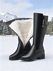 cheap Snow &amp; Winter Boots-Women's Black Leather Knee-High Boots with Wool Lining - Stylish Winter Fashion, Perfect for Cold Weather, Outdoor Activities and Casual Outings