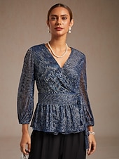  Mulheres Tops elegantes Pregueado Metálico Elegante Manga lanterna Decote V Tops regulares Convidado do casamento Traje de festa para noite Roupa de Trabalho Azul Marinha Primavera / Outono / Inverno