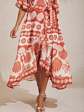 Недорогие Цветочные платья-Жен. Атласное платье длинное платье платье макси Оранжевый галстук спереди Отпуск XS S M