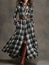 billiga Boho-klänning-Dam Maxiklänning Skiftklänning Semester Ledigt Boho Dagligen Normal Rutig Långärmad Kavajslag Blå Mörkgul Mörkgrön Svart Vår Höst Vinter