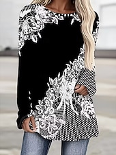baratos Camiseta floral-Mulheres Camiseta Imprimir Floral Gráfico Poá Vintage à moda Clássico Manga Longa Gola Redonda Decote Redondo Tops regulares Diário Branco / Preto Preto Branco Primavera Outono