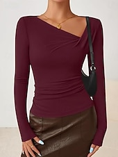 economico T-shirt semplice-Per donna Maglietta Elegante Vintage Manica Lunga Scollo a Cascata Top Regolari Quotidiano Blu Vino Marrone Bianco sporco Primavera Autunno