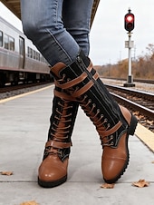 halpa Maihinnousukengät-naisten nauhalliset polvipituiset saappaat - ruskeat keinonahkaiset maiharit soljilla, vintage-ratsastustyyliset jalkineet syksyyn ja talveen