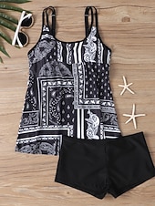 رخيصةأون مايوهات تانكيني-بدلة سباحة نسائية تانكيني قطعتين شورتات تحكم في البطن عالية الخصر نحيف بدون ظهر ملابس شاطئ إجازة مزينة بأنماط بيزلي برقبة على شكل حرف U بدون أكمام