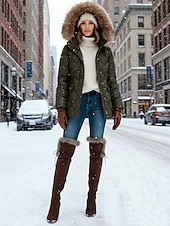 baratos Botas de neve e inverno-Botas femininas marrons de camurça acima do joelho com acabamento em pele sintética – botinhas estilosas de salto alto com zíper para o inverno, neve e ocasiões casuais ou ao ar livre.