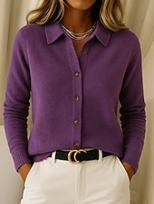 baratos Cardigã Liso-Mulheres Suéter Sueter Cardigan Férias Moda Casual Côr Sólida Estriado Aberto para a Lateral Colarinho de Camisa Botões Manga Longa Tops regulares Tricotar Diário Casa Feriado Vermelho Roxo Outono