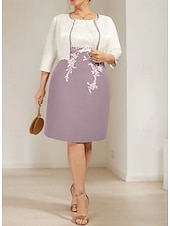 abordables Ensembles de robes pour maman-Deux Pièces Fourreau Colonne Ensembles de Robes Mi-long Robe d'invité de mariage Robe de Mère de Mariée  Manche 3/4 Bijoux Élégant robe demoiselle d honneur Église Chiffon Satin Dentelle Robes avec