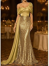 cheap Ball Gown Evening Dresses-Mermaid Trumpet Sweep Brush Train Evening Gown Ball Gown with Overskirt Formal Dress Elegant Glittering Sparkle Sleeveless Off Shoulder Wedding Formal Satin Sequined with Glitter Pleats