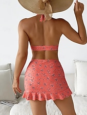 tanie 3-częściowy zestaw bikini-Strój Kąpielowy Damski Bikini 3 Częściowy Z Spódnicą Smukły Bez Pleców Letni Strój Plażowy Kwiatowy Sznurek Bez Rękawów