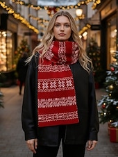 preiswerte Schals für Damen-Weihnachtsstrickschal mit Schneeflockenmuster für Damen – aus Acryl, festliches rot-weißes Muster, perfekt für Winterfeiertage und Weihnachtsfeiern