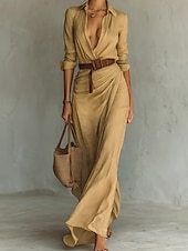 baratos Vestido Boho de Algodão e Linho-Mulheres Vestido Longo Vestido Maxi Camisetão Moderno Diário Ao ar livre Para Noite Normal Tecido Manga Longa Colarinho de Camisa Preto Branco Azul Marinha Cáqui Primavera Outono