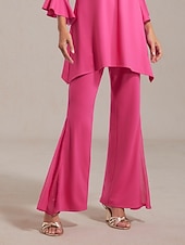 baratos calças femininas-Calças femininas de tecido elástico, chiffon, painéis transparentes, perna larga, cintura elástica, elegante, confortável, trabalho diário, outono