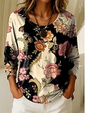 preiswerte Boho-T-Shirt-Damen T Shirt Druck Grafik Geometrisch Pflanzen Vintage Stilvoll Lässig Langarm Rundhalsausschnitt Normale Oberteile Täglich Wochenende Blau Schwarz Wein Purpur Frühling Herbst Winter