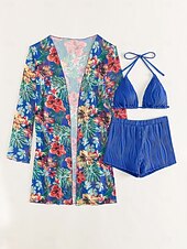 preiswerte 3-teiliges Bikini-Set-Damen Bikini 3-teilig Badeanzug Palm Shorts Bauchkontrolle Hohe Taille Slim Rückenfrei Urlaub Strandbekleidung Blumen Halterhals Ärmellose Bademode