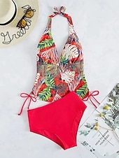 economico Tankini-Costume da bagno tankini da donna 2 pezzi arricciato palmo cheeky controllo pancia vita alta slinguato senza schiena vacanza in spiaggia scollatura a halter floreale senza maniche