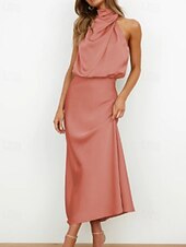 baratos Vestido Simples-Mulheres Vestido midi Vestido Longo Vestido Maxi vestido de cetim Vestido de formatura Vestido de festa Elegante Moda Moderno Festa de Noite Festa Ocasião Especial Normal Delgado Tecido Sem Manga