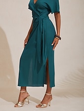 economico Abiti floreali-Abito midi a portafoglio arricciato con scollo a V in lino tencel arancione rosso da donna