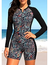 cheap One Pieces Rash Guards-Women's Rash Guard Dive Skin Suit Bathing Suit Swimsuit Set Paisley Folk Zip Up Removable Pad Front Zip UV Sun Protection UPF50+ Ultra Light (UL) Long Sleeve Swimwear Sun Shirt Surfing Beach Water