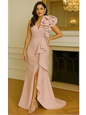 cheap Mermaid Evening Dresses-Mermaid Trumpet Floor Length Prom Dresses Evening Gown Ball Gown Formal Dress Elegant Short Sleeve Crew Neck Wedding Formal Stretch Crepe with Ruffles