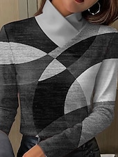 tanie Koszulka w paski i geometryczna-Damskie Podkoszulek Nadruk Graficzny Geometryczny Abstrakcja Elegancja Zabytkowe Elegancki Długi rękaw Golf Zwykłe topy Codzienny Niebieski Pomarańczowy Zielony Szary Wiosna Jesień Zima