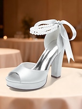 baratos Sandálias de Plataforma-Sandálias femininas de salto alto plataforma em cetim roxo com tira de pérolas no tornozelo - sapatos de festa glamorosos de bico aberto para eventos noturnos, casamentos e coquetéis.
