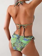 ieftine Seturi de bikini-Costum de baie pentru femei bikini 2 piese boho legat pe lateral subțire fără spate vacanță îmbrăcăminte de plajă bloc de culoare floral decolteu halter fără mâneci costume de baie
