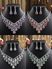 abordables Collier pour femme-Ensemble collier et boucles d'oreilles pendantes en argent plaqué violet pour femme - bijoux de mariée élégants en cristal pour mariages, bals de fin d'année et soirées habillées