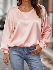 Χαμηλού Κόστους Επίσημες Μπλούζες-Γυναικεία Πουκάμισο Κομψή Φιλάρεσκος Σατέν Μπλούζα Κουρελού Σκέτο Κομψό Στυλάτο Καθημερινό Μακρυμάνικο Στρογγυλή Ψηλή Λαιμόκοψη Κανονικά μπλουζάκια Καθημερινά Αργίες Εξόδου