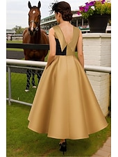 ieftine Lungimea gleznei-Linia -A Lungime Gleznă Rochie Derby Rochie Mama Miresei Fără manșon Stil Nautic Gât Înalt Elegant Kentucky Derby Satin cu Arc Bloc Culoare