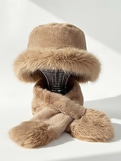 abordables Sombreros de mujer-Conjunto de gorro y bufanda de piel sintética para mujer – disponible en varios colores, suave y acogedor para el invierno, perfecto para la moda de clima frío.