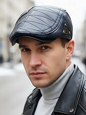 preiswerte Herrenhüte-Herren-Schiebermütze aus Kunstleder, gestepptes Design mit dreieckigen Akzenten, in verschiedenen Farben erhältlich, stylisch und warm für Winter und Freizeit