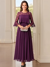abordables Longitud a la altura del tobillo-Vestido de Fiesta en Línea A de Longitud de Té Ankle Length Vestido de Cóctel Vestido de Invitada de Boda Vestido de Madre de la Novia de Manga Larga Cuello Redondo Fiesta Elegante Vintage con