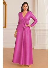 cheap A-Line Evening Dresses-A-Line Floor Length Evening Gown Elegant Glittering Sparkle Long Sleeve V Neck Formal Wedding Lurex Fabric with Bow(s)