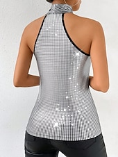 abordables Réservoir Simple-Femmes Débardeur caraco Paillettes Couleur Unie Élégant Occasionnel Sans manches Col Halter Hauts Réguliers Quotidien Fête Argent Été Printemps