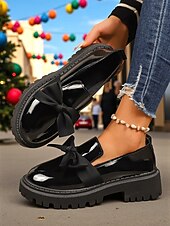 billige Slip-ons og loafers til kvinner-Kvinners burgunder patent lær slip-on loafere med bue – Chunky plattformsko uformelle utflukter daglig bruk og juletider